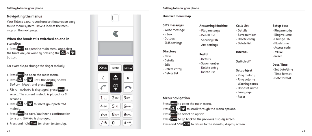 Telstrat 7300A manual Navigating the menus, When the handset is switched on and in standby, Menu navigation 