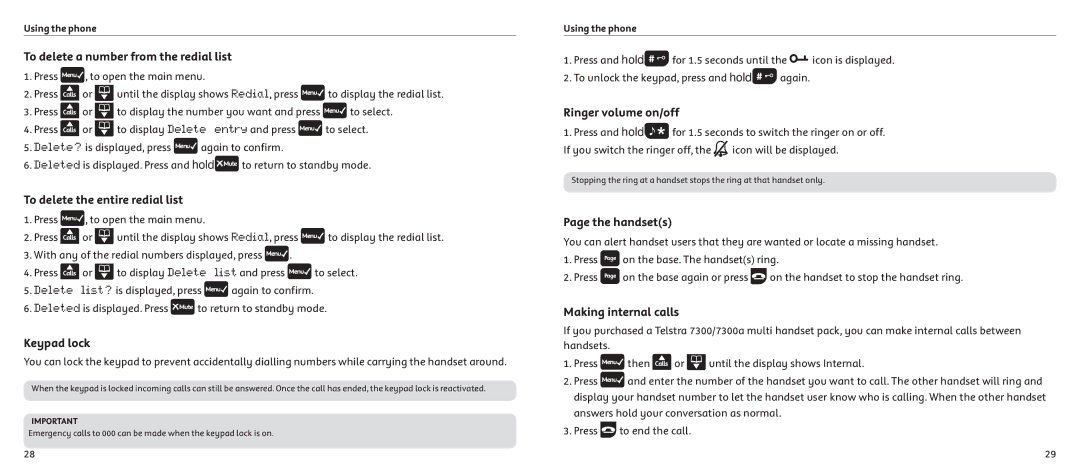 Telstrat 7300 To delete a number from the redial list, To delete the entire redial list, Keypad lock, Ringer volume on/off 