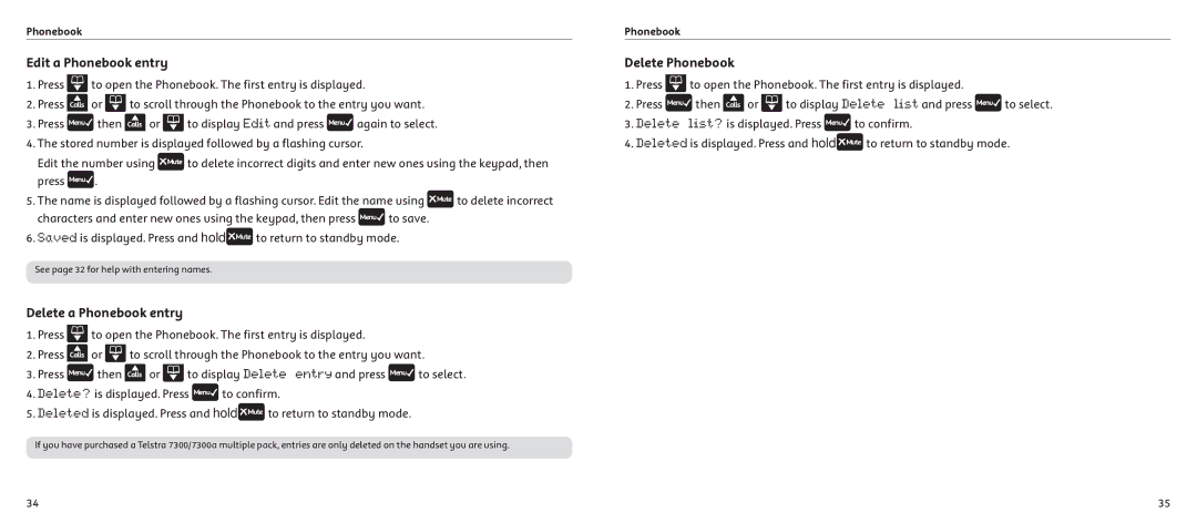 Telstrat 7300A manual Edit a Phonebook entry, Delete a Phonebook entry, Delete Phonebook 