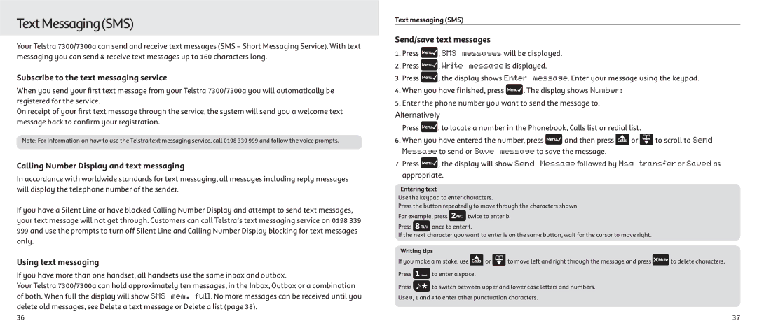 Telstrat 7300A TextMessagingSMS, Subscribe to the text messaging service, Calling Number Display and text messaging 