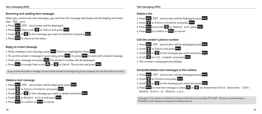 Telstrat 7300A manual Receiving and reading text messages, Reply to a text message, Delete a text message, Delete a list 