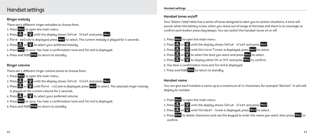Telstrat 7300A manual Handsetsettings, Ringer melody, Ringer volume, Handset tones on/off, Handset name 