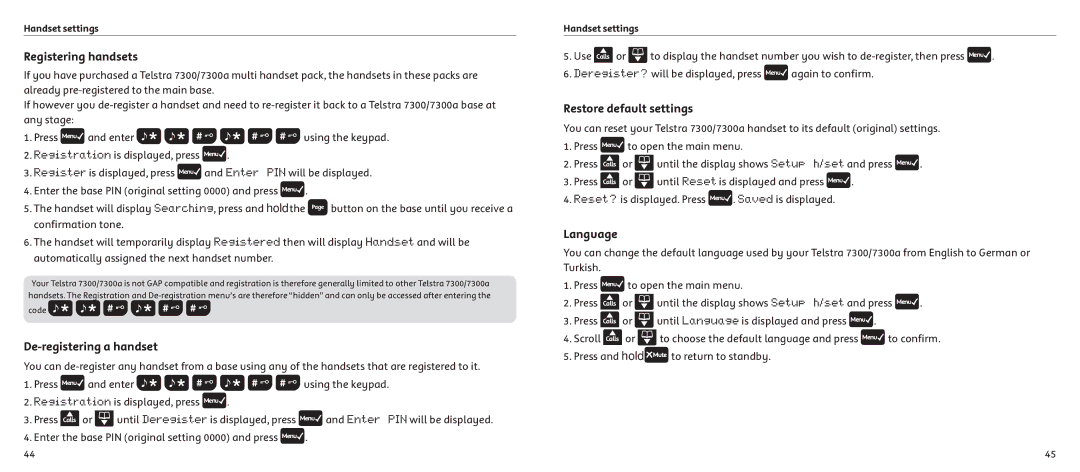 Telstrat 7300A manual Registering handsets, De-registering a handset, Restore default settings, Language 