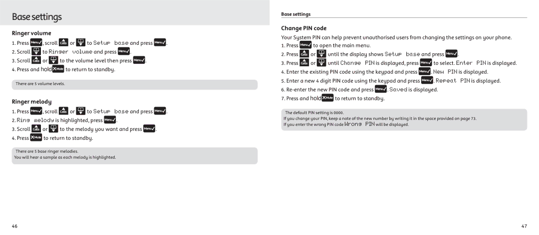 Telstrat 7300A manual Basesettings, Change PIN code 