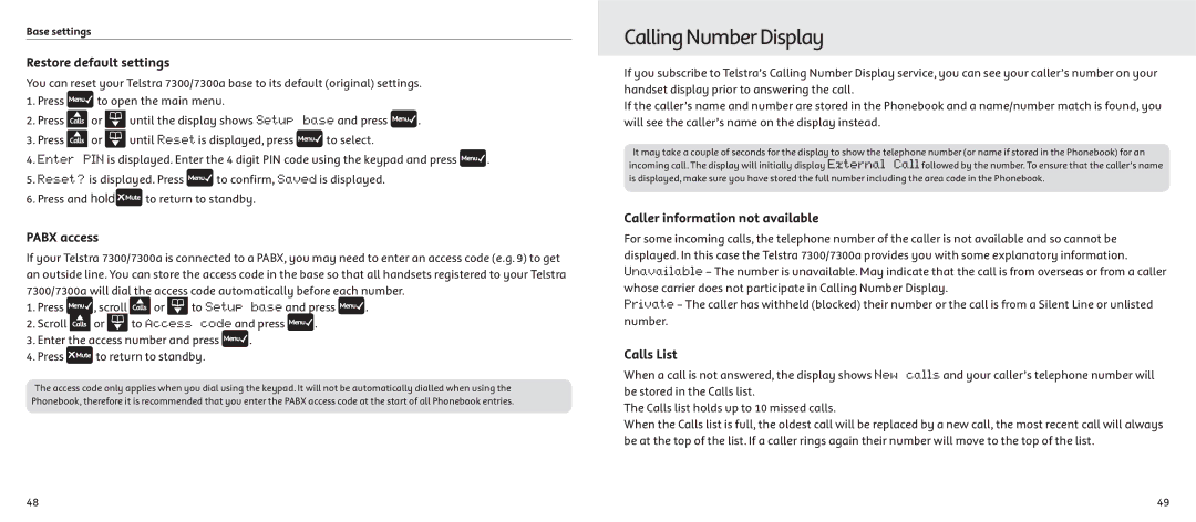 Telstrat 7300A manual CallingNumberDisplay, Pabx access, Caller information not available, Calls List 