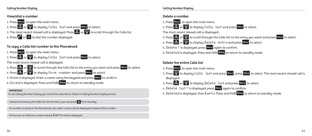 Telstrat 7300A manual View/dial a number, To copy a Calls list number to the Phonebook, Delete a number 