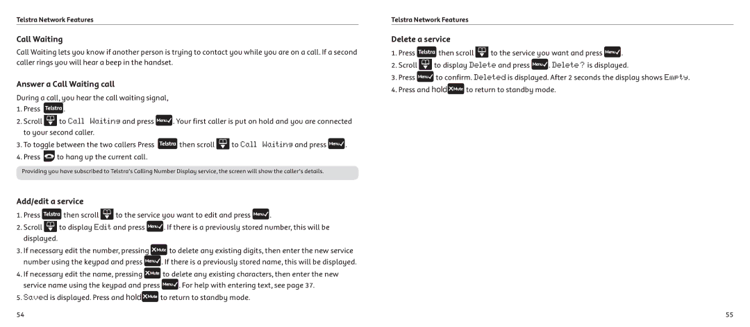 Telstrat 7300A manual Answer a Call Waiting call, Delete a service, Add/edit a service 