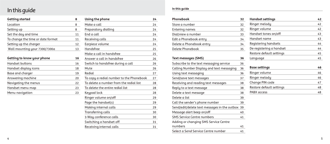 Telstrat 7300A manual Inthisguide, Getting started Using the phone Phonebook Handset settings, Base settings 