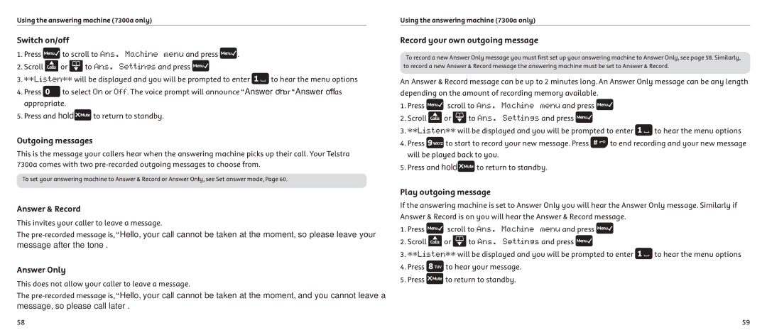 Telstrat 7300A Outgoing messages, Answer & Record, Answer Only, Record your own outgoing message, Play outgoing message 