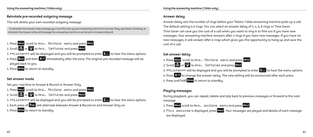 Telstrat 7300A manual Reinstate pre-recorded outgoing message, Set answer mode, Answer delay, Set answer delay 