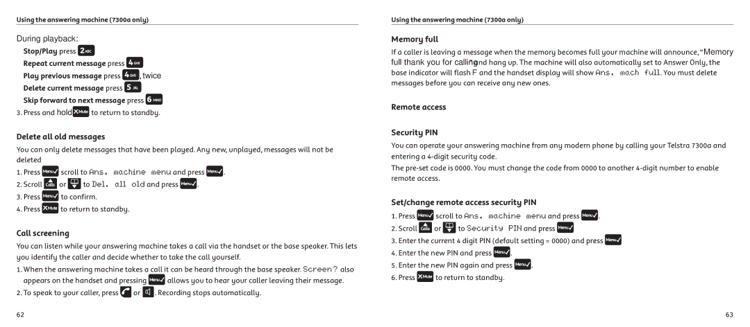 Telstrat 7300A manual Delete all old messages, Call screening, Memory full, Remote access Security PIN 