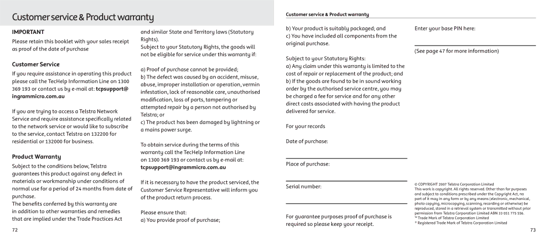 Telstrat 7300A manual Customerservice&Productwarranty, Customer Service, Product Warranty, Ingrammicro.com.au 