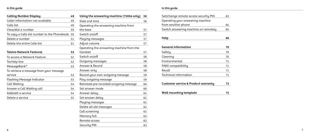 Telstrat 7300A manual Calling Number Display, Telstra Network Features, Help General information, Wall mounting template 