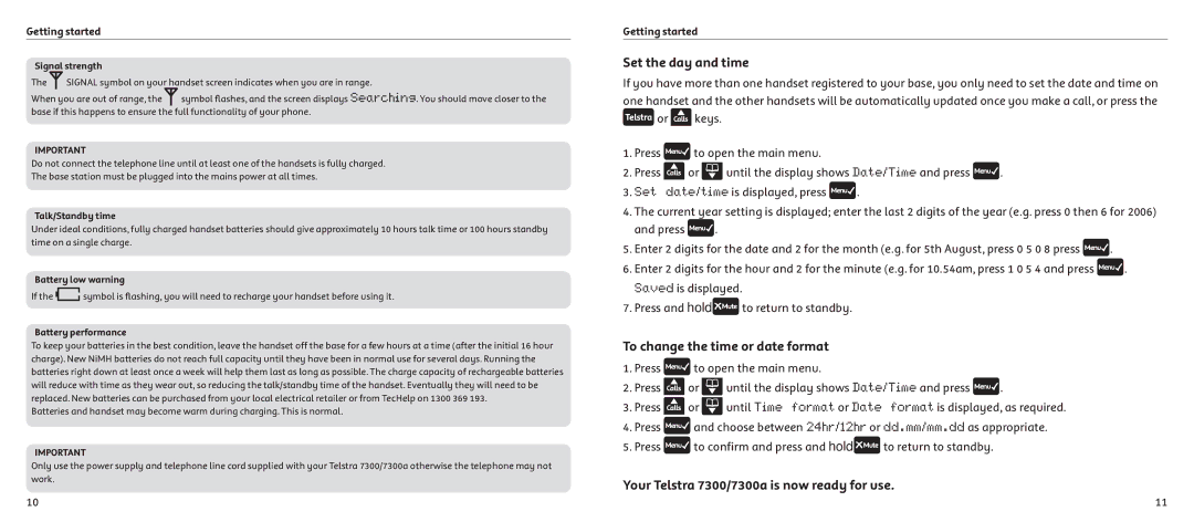 Telstrat 7300A manual Set the day and time, To change the time or date format, Your Telstra 7300/7300a is now ready for use 