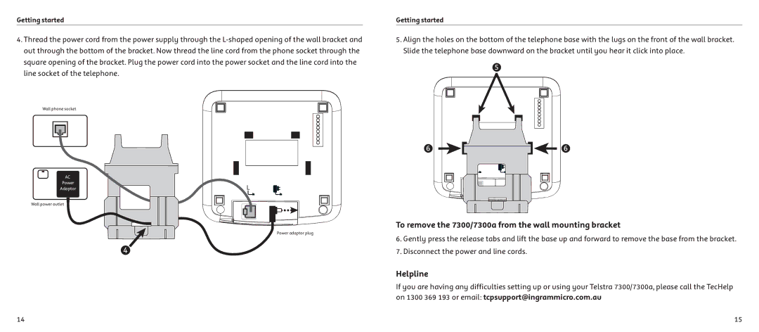 Telstrat 7300A manual To remove the 7300/7300a from the wall mounting bracket, Helpline 