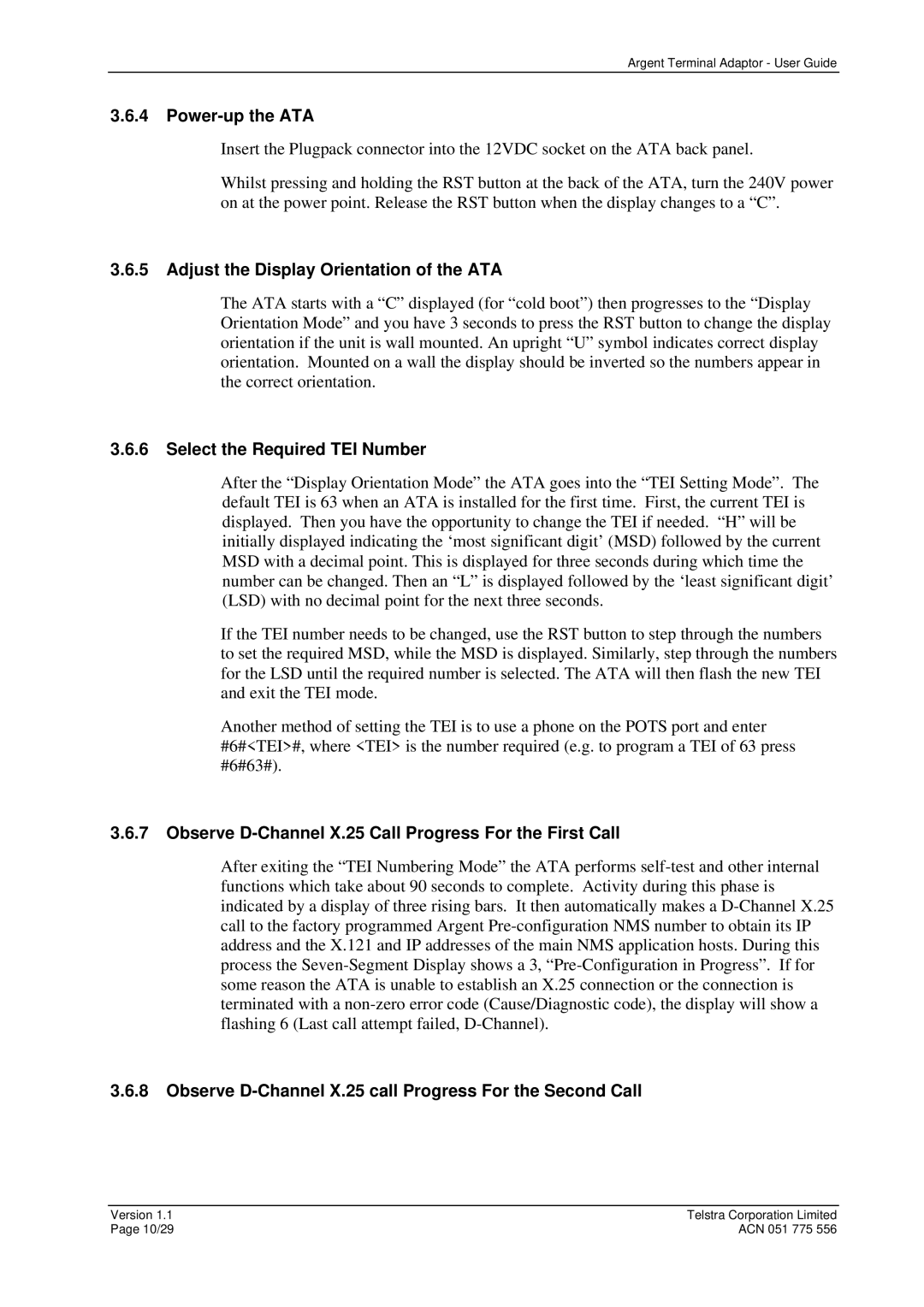 Telstrat Argent manual Power-up the ATA, Adjust the Display Orientation of the ATA, Select the Required TEI Number 