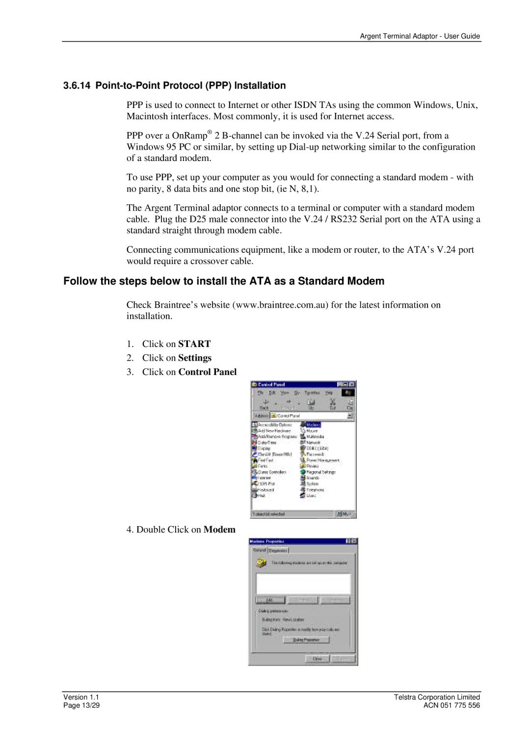 Telstrat Argent manual Point-to-Point Protocol PPP Installation, Click on Control Panel 