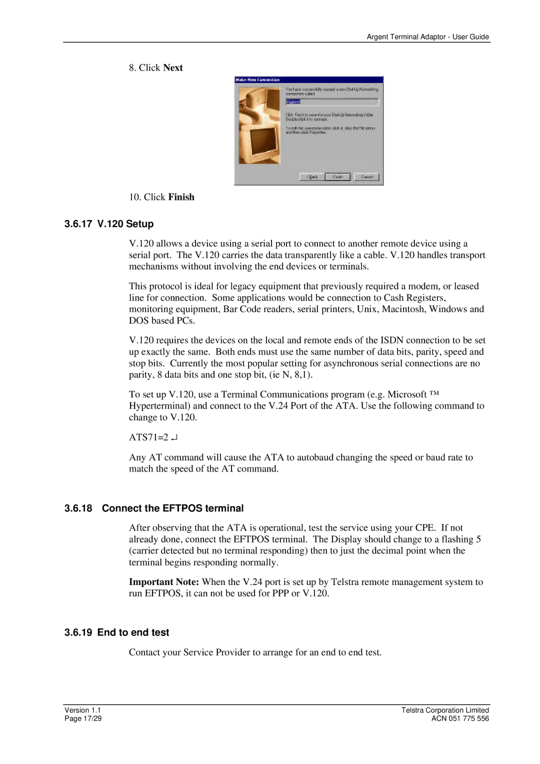 Telstrat Argent manual 17 V.120 Setup, Connect the Eftpos terminal, End to end test 