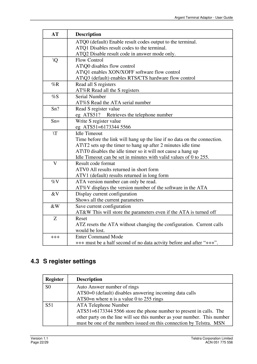 Telstrat Argent manual Register settings, Register Description 