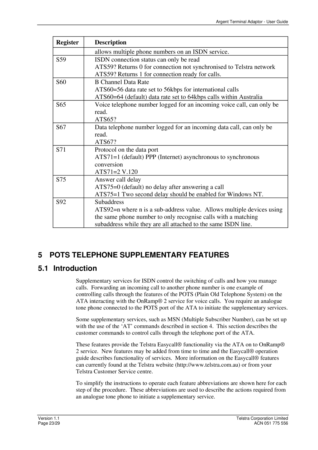 Telstrat Argent manual Pots Telephone Supplementary Features 5.1 Introduction 