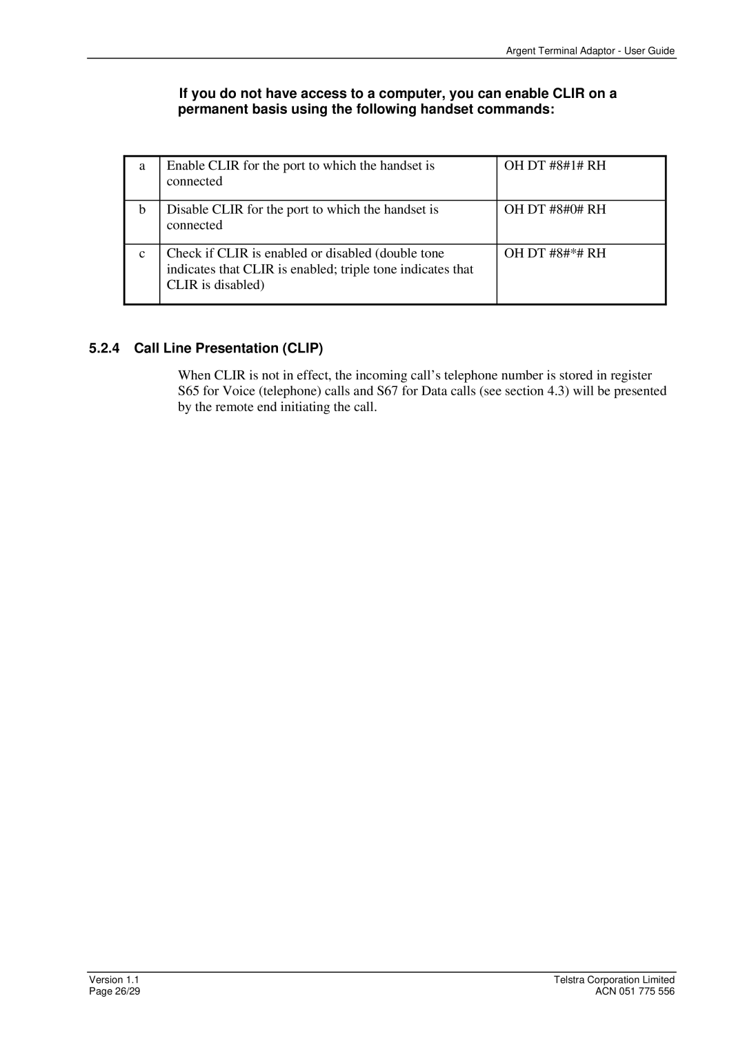 Telstrat Argent manual Call Line Presentation Clip 