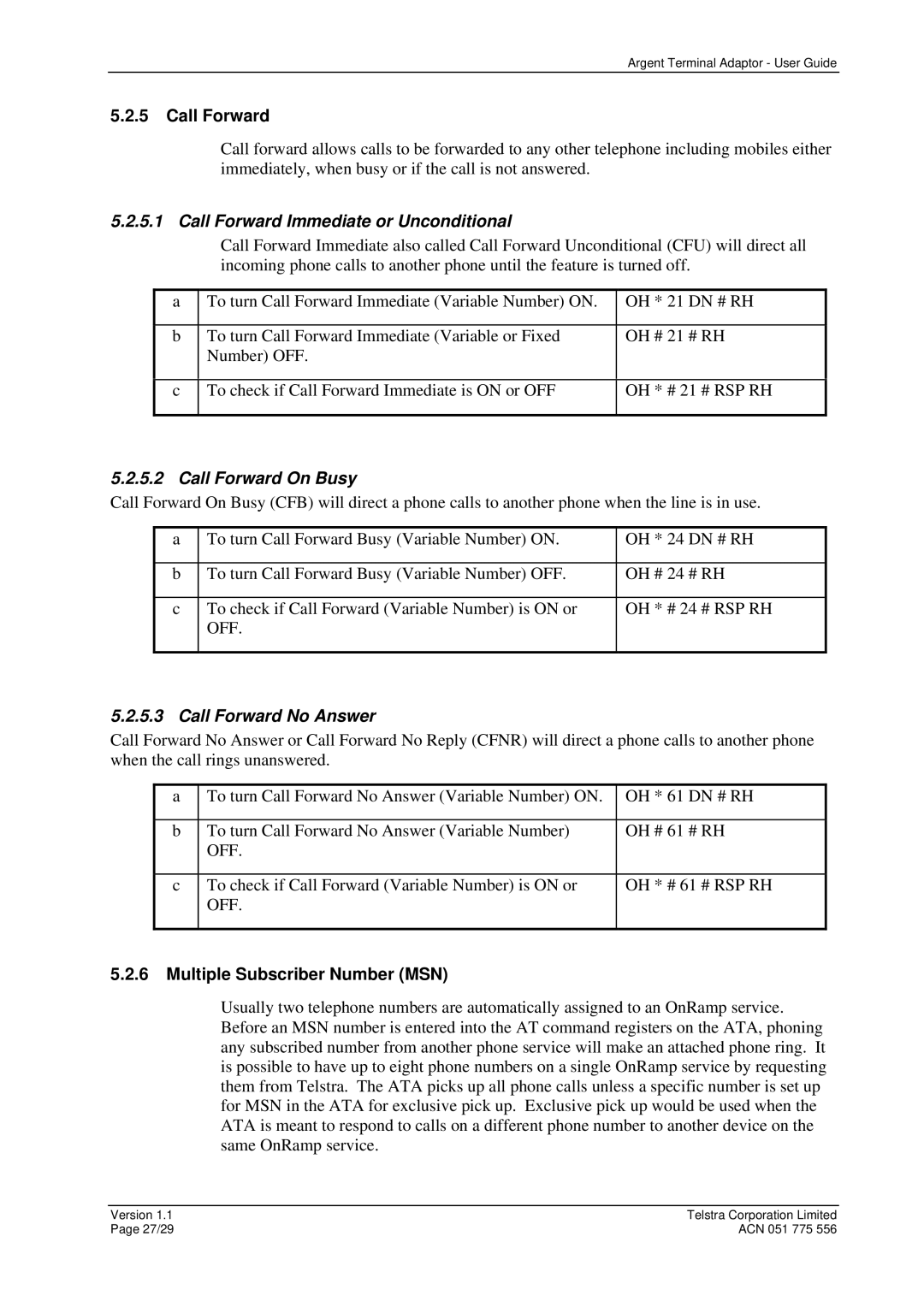 Telstrat Argent manual Call Forward, Multiple Subscriber Number MSN 