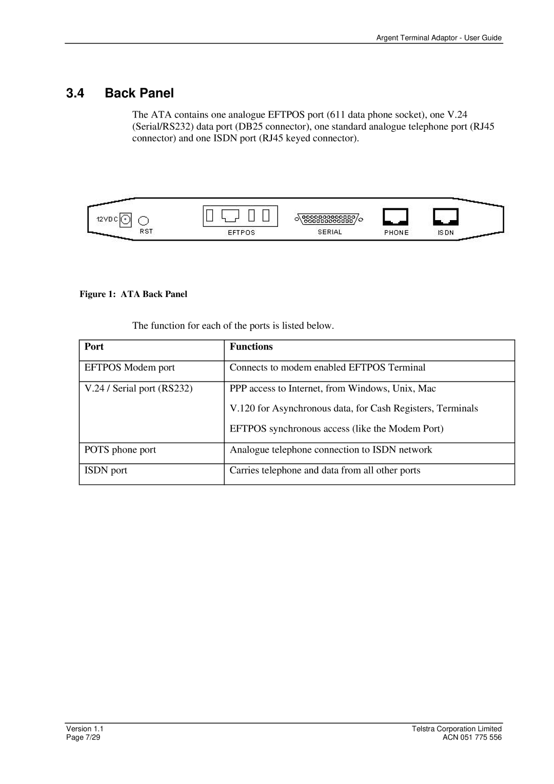 Telstrat Argent manual Back Panel, Port Functions 