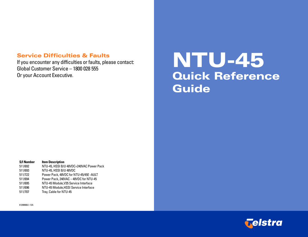 Telstrat NTU-45 manual S/I Number, Item Description, Quick Reference Guide, Service Difficulties & Faults 