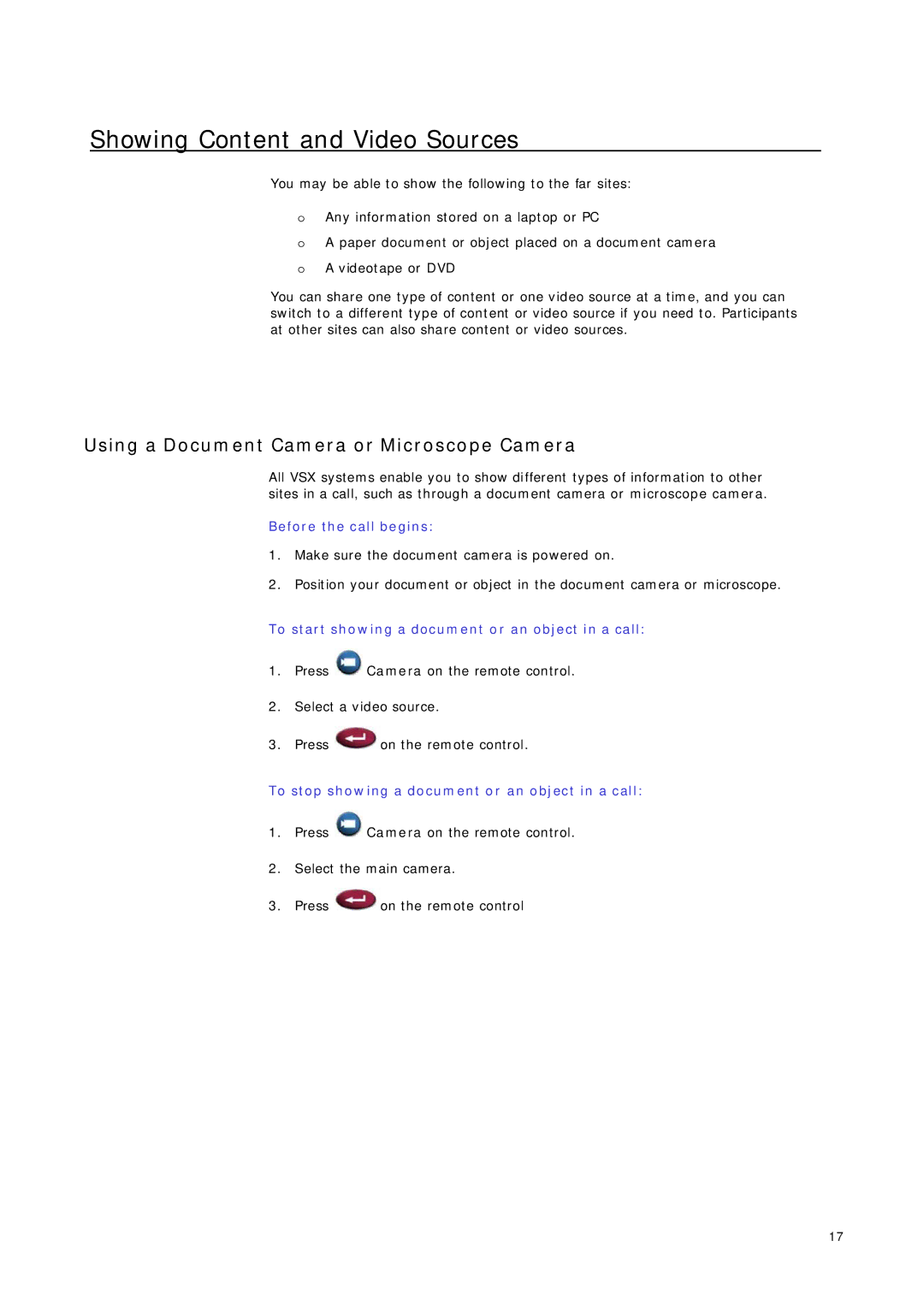 Telstrat VSX Series manual Showing Content and Video Sources, Using a Document Camera or Microscope Camera 