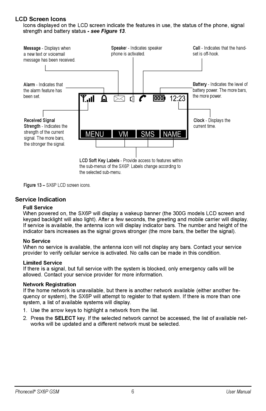 Telular 900, 1800, 1900, 850, 1800, 1900 user manual LCD Screen Icons, Service Indication 