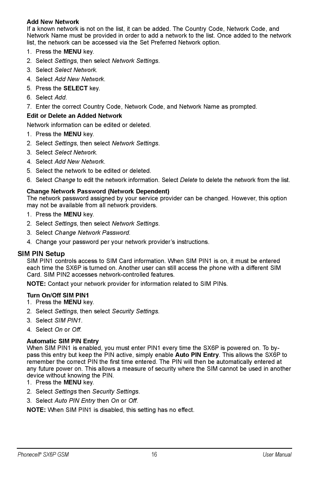 Telular 850, 1800, 1900, 900, 1800, 1900 user manual SIM PIN Setup 