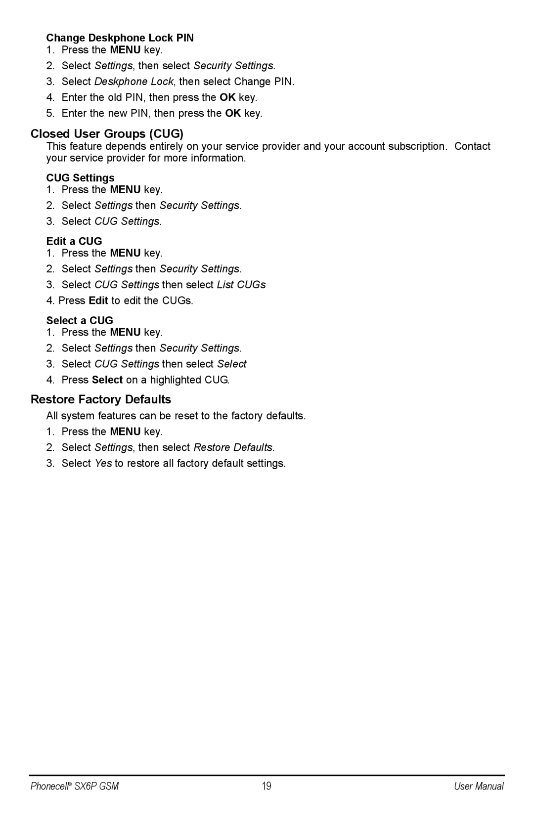 Telular 900, 1800, 1900, 850, 1800, 1900 user manual Closed User Groups CUG, Restore Factory Defaults 