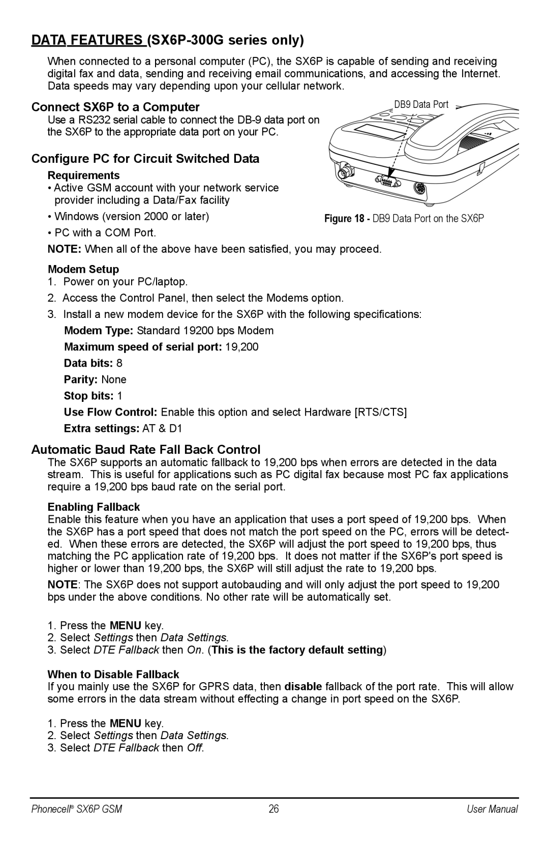 Telular 1900 Connect SX6P to a Computer, Configure PC for Circuit Switched Data, Automatic Baud Rate Fall Back Control 