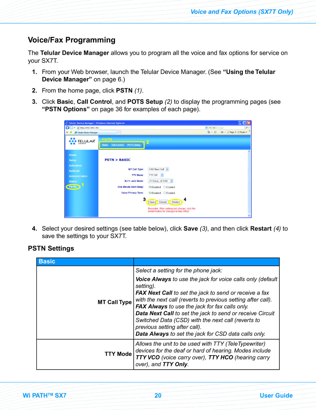 Telular EVDO manual Voice/Fax Programming, Pstn Settings 