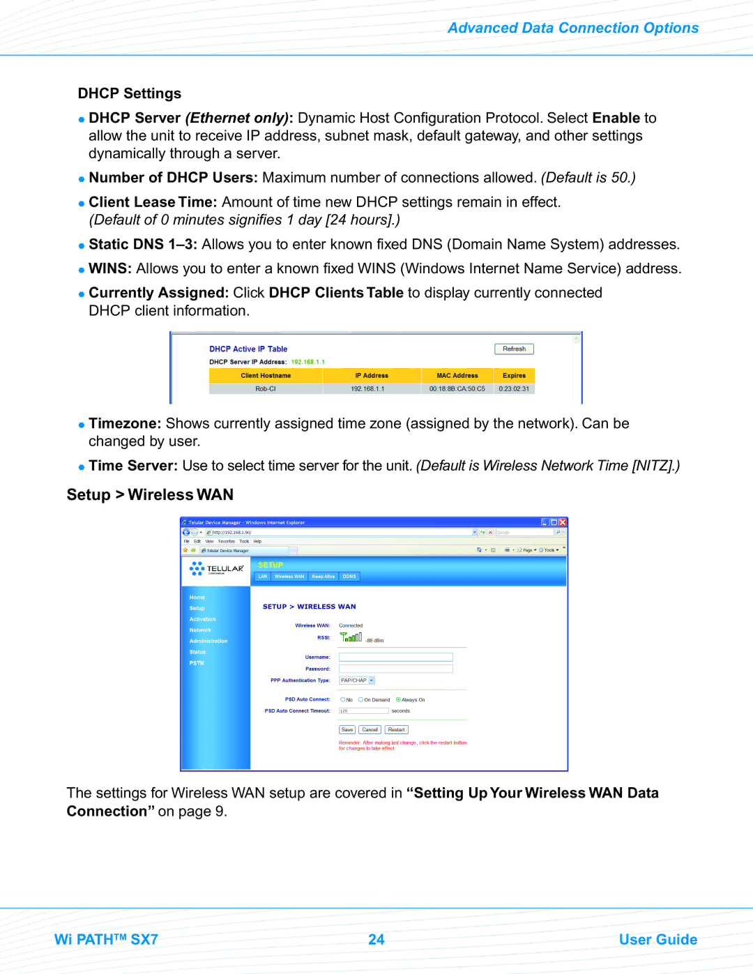 Telular EVDO manual Setup Wireless WAN, Dhcp Settings 