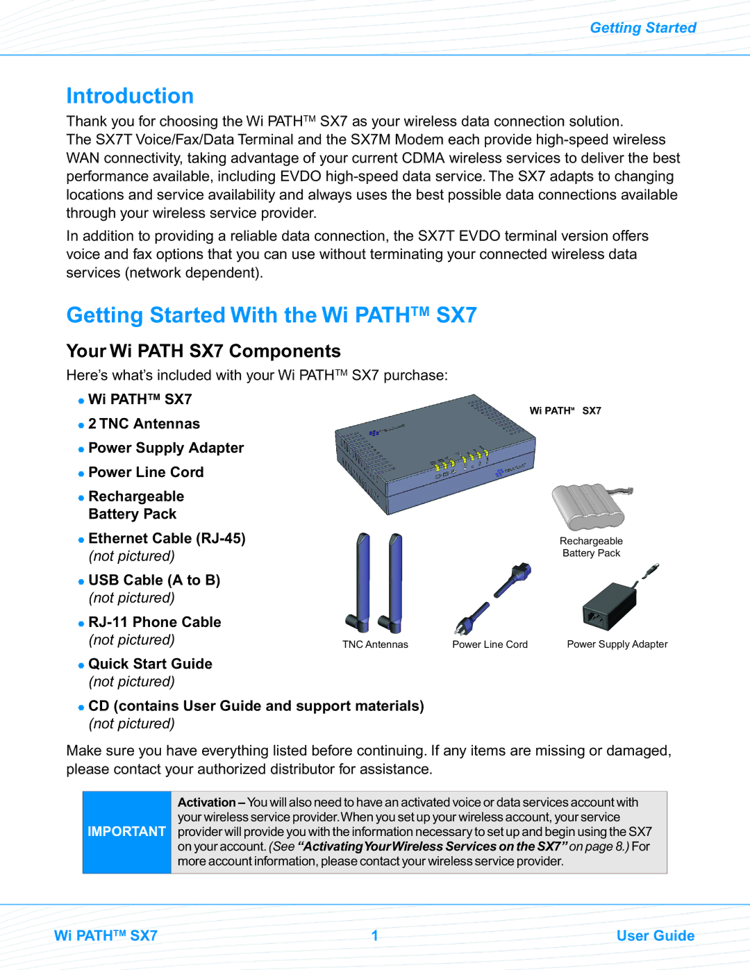 Telular EVDO manual Introduction, Getting Started With the Wi Pathtm SX7, Your Wi Path SX7 Components 