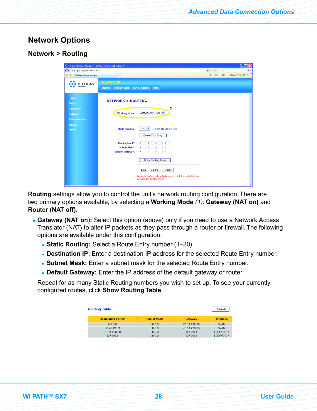 Telular EVDO manual Network Options, Network Routing 