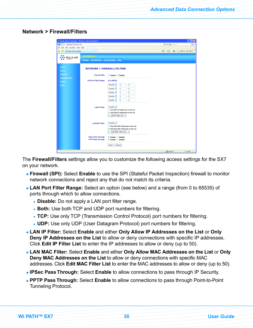 Telular EVDO manual Network Firewall/Filters 