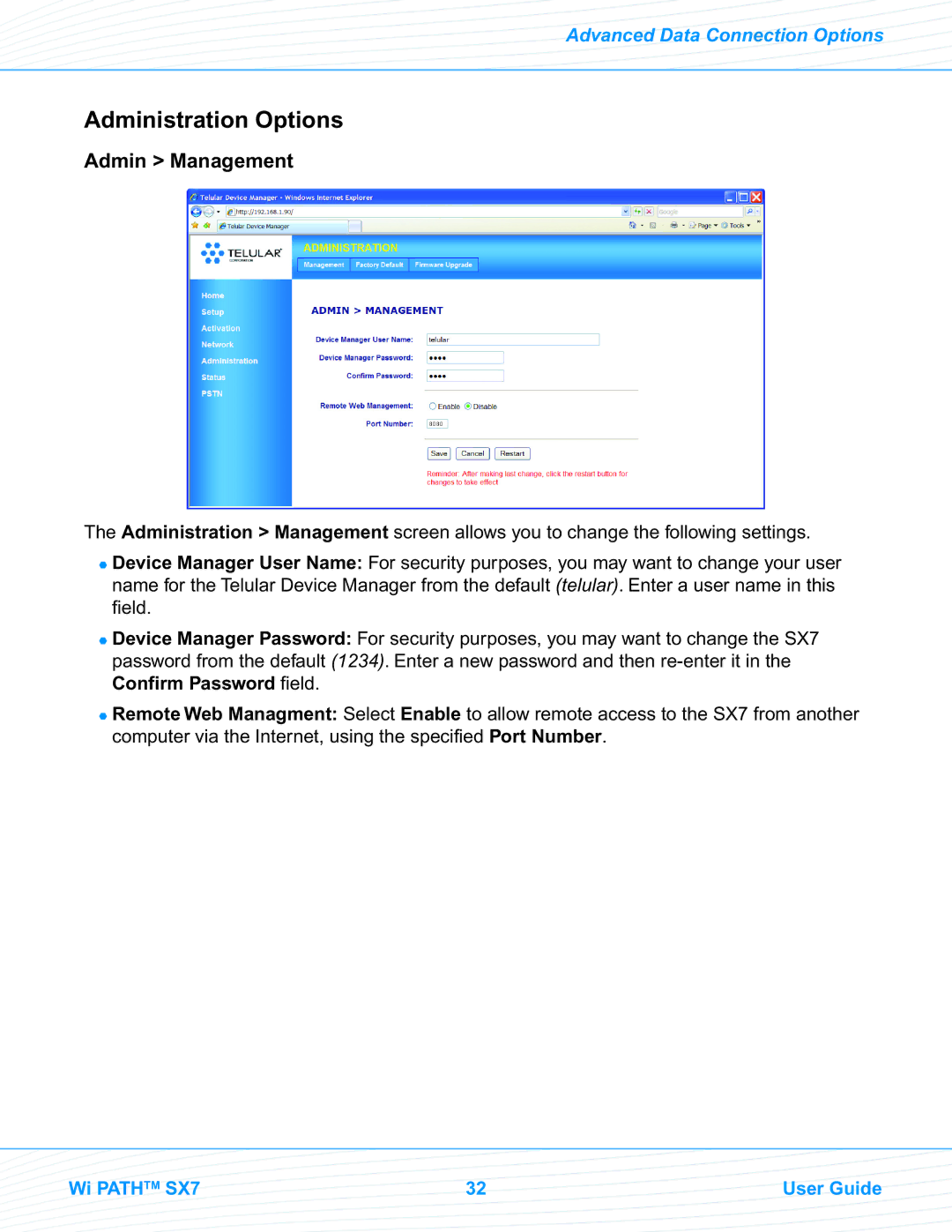 Telular EVDO manual Administration Options, Admin Management 