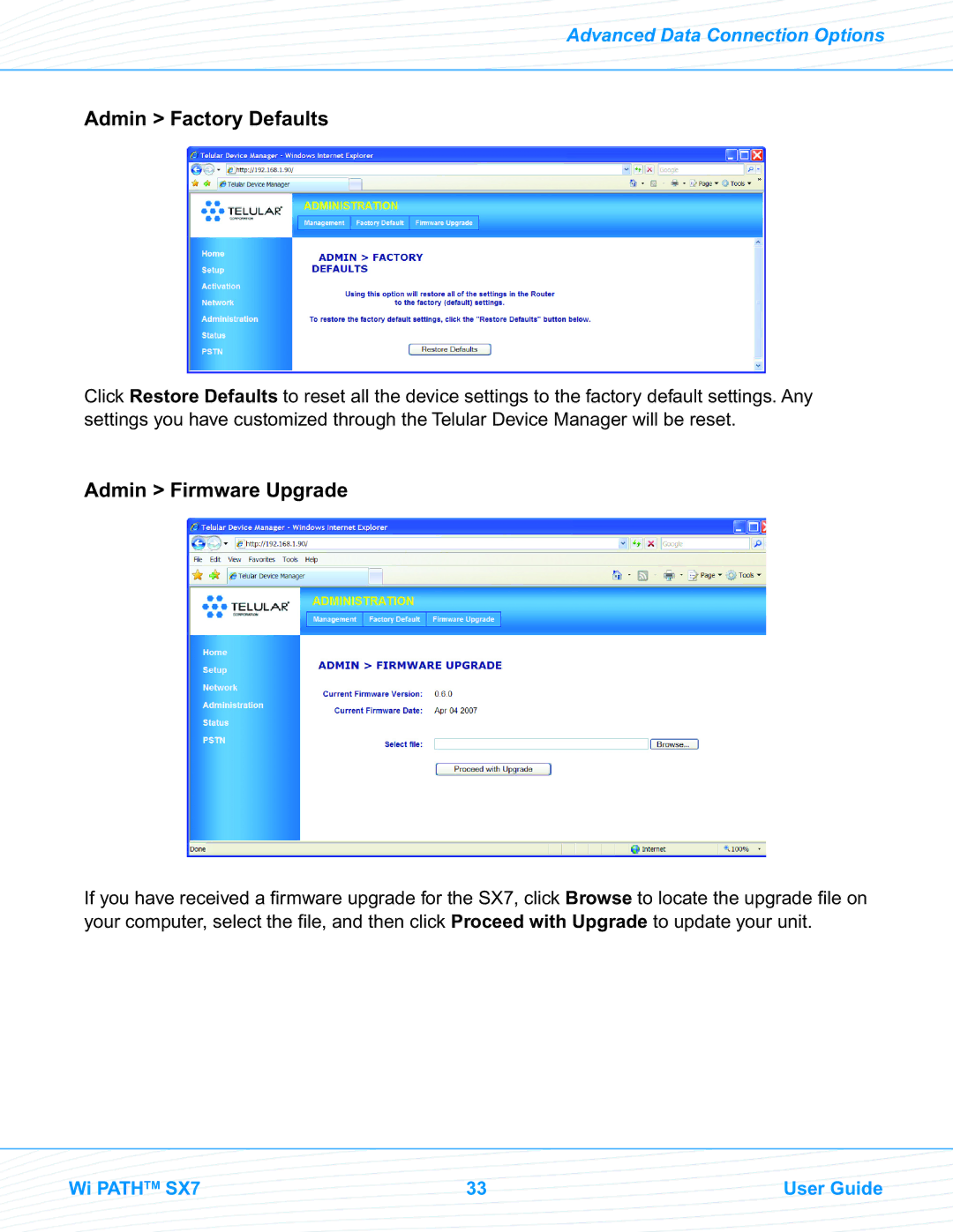 Telular EVDO manual Admin Factory Defaults, Admin Firmware Upgrade 