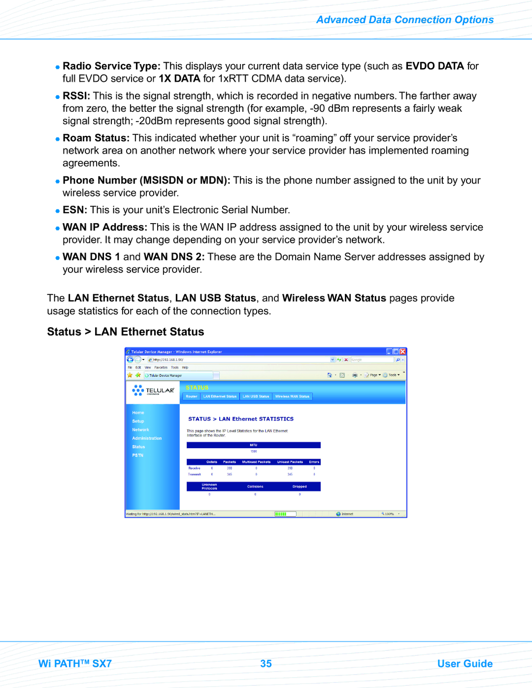 Telular EVDO manual Status LAN Ethernet Status 