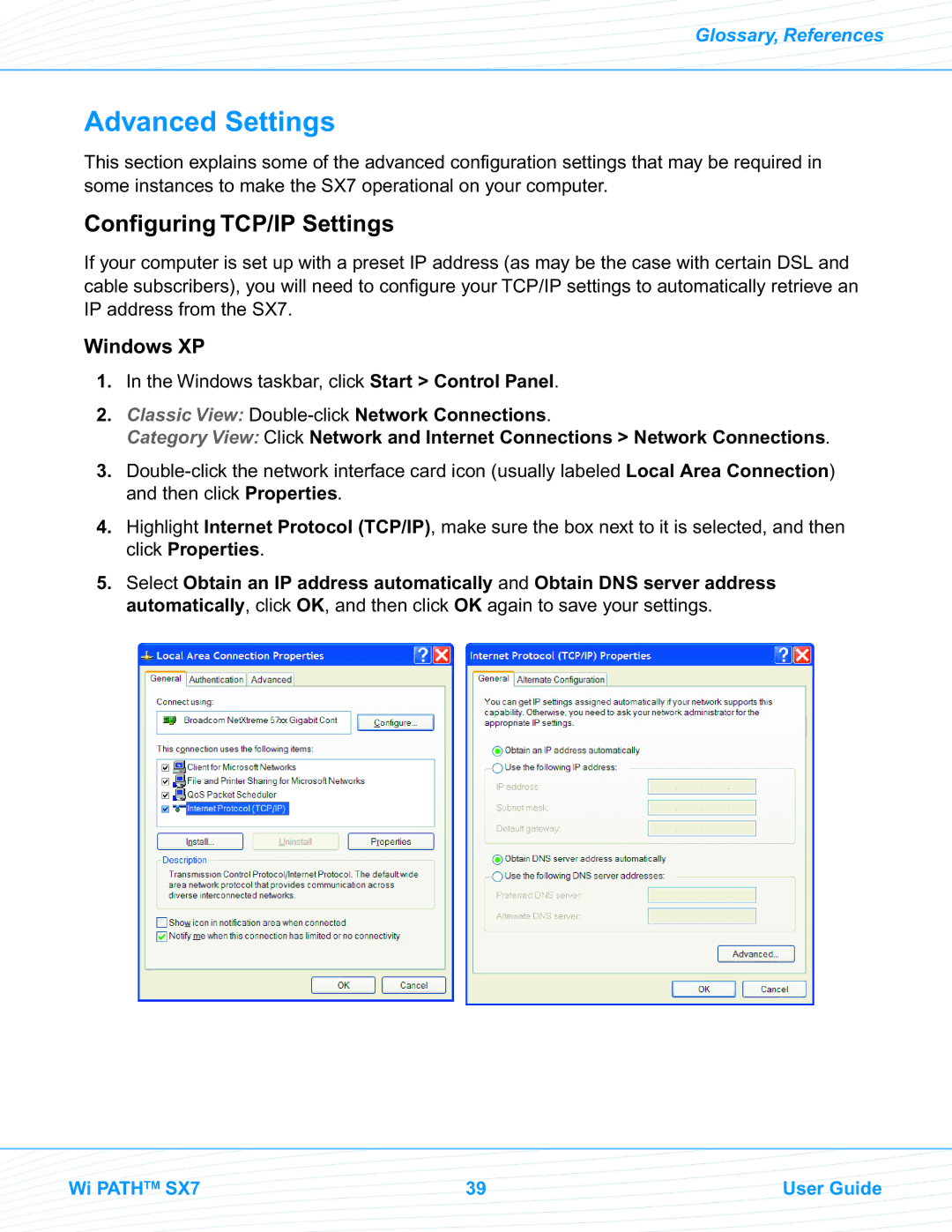 Telular EVDO manual Advanced Settings, Configuring TCP/IP Settings, Windows XP 