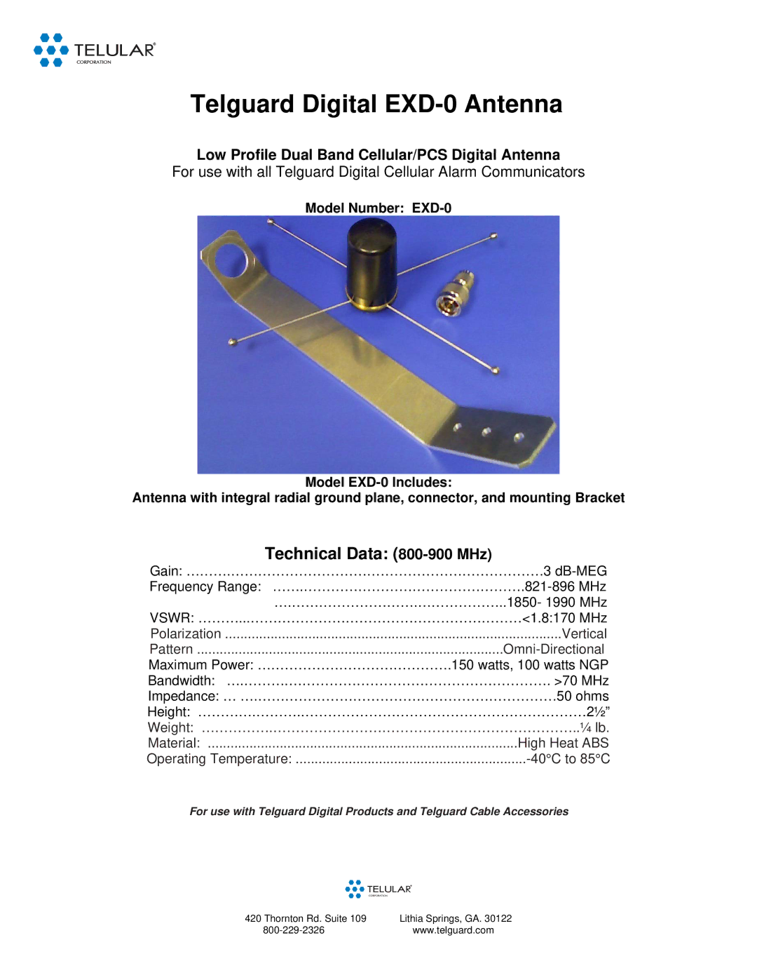 Telular manual Telguard Digital EXD-0 Antenna, Technical Data 800-900 MHz 