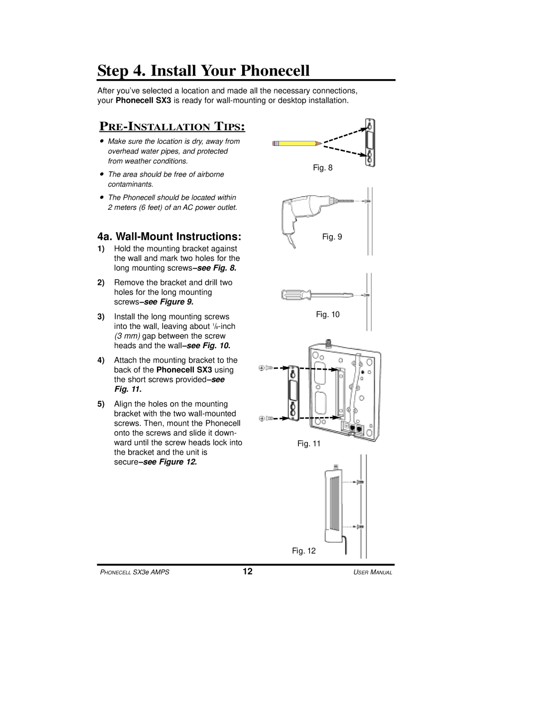 Telular SX3e user manual Install Your Phonecell, 4a. Wall-Mount Instructions 