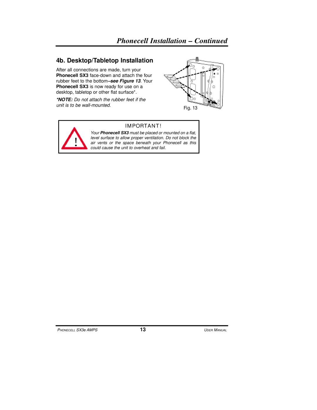 Telular SX3e user manual Phonecell Installation, 4b. Desktop/Tabletop Installation 