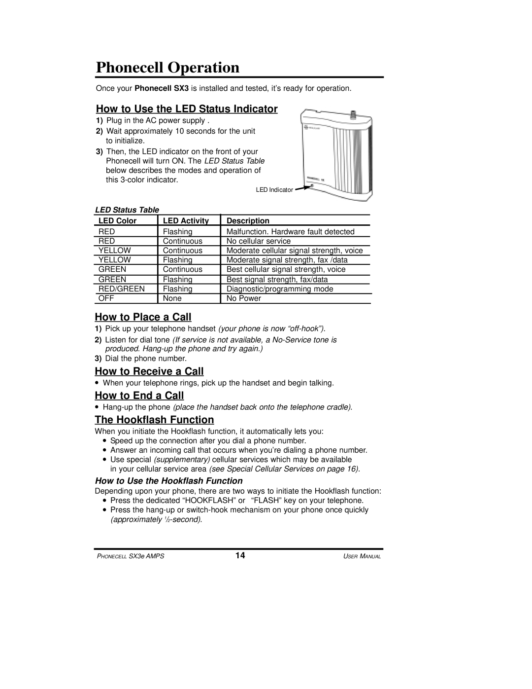 Telular SX3e user manual Phonecell Operation 