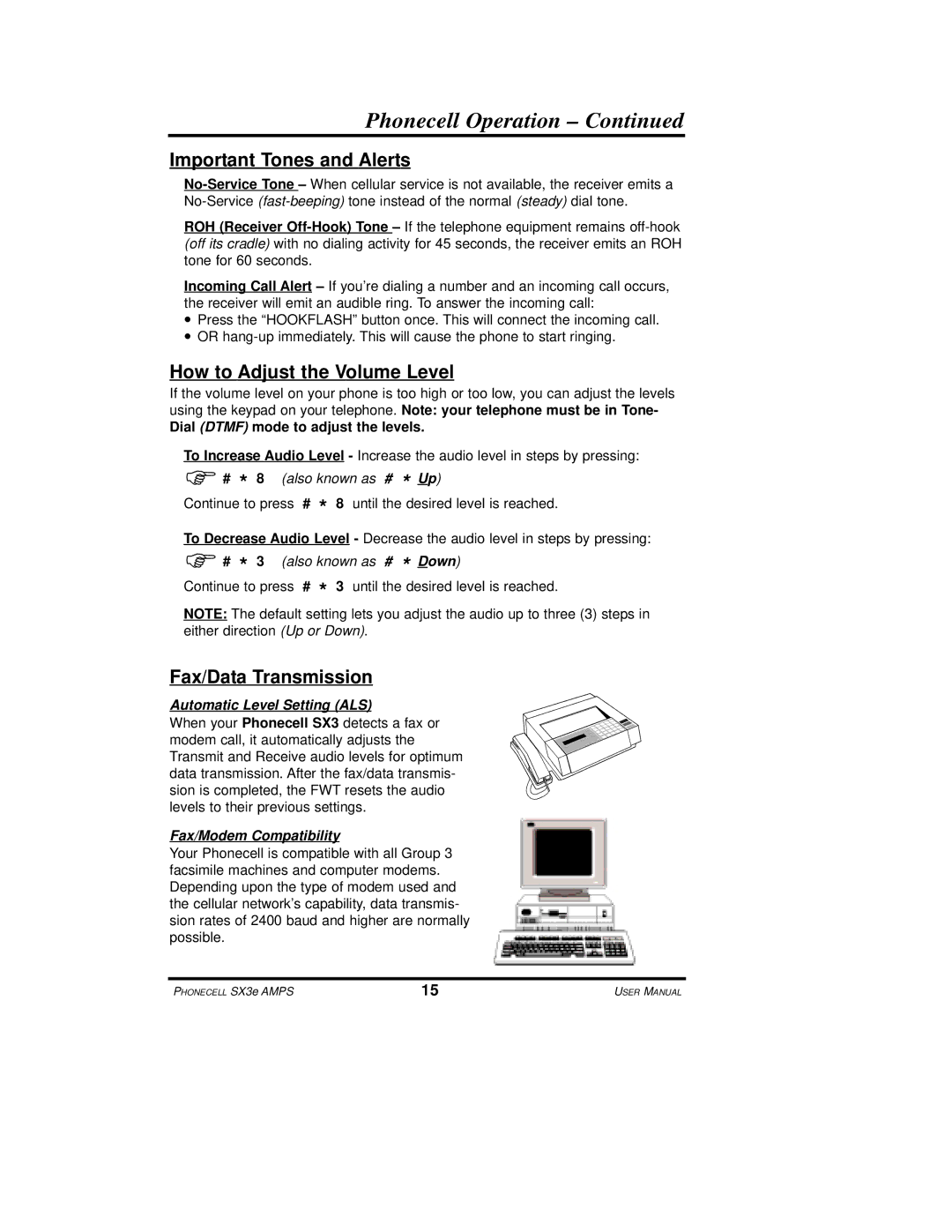 Telular SX3e Phonecell Operation, Important Tones and Alerts, How to Adjust the Volume Level, Fax/Data Transmission 