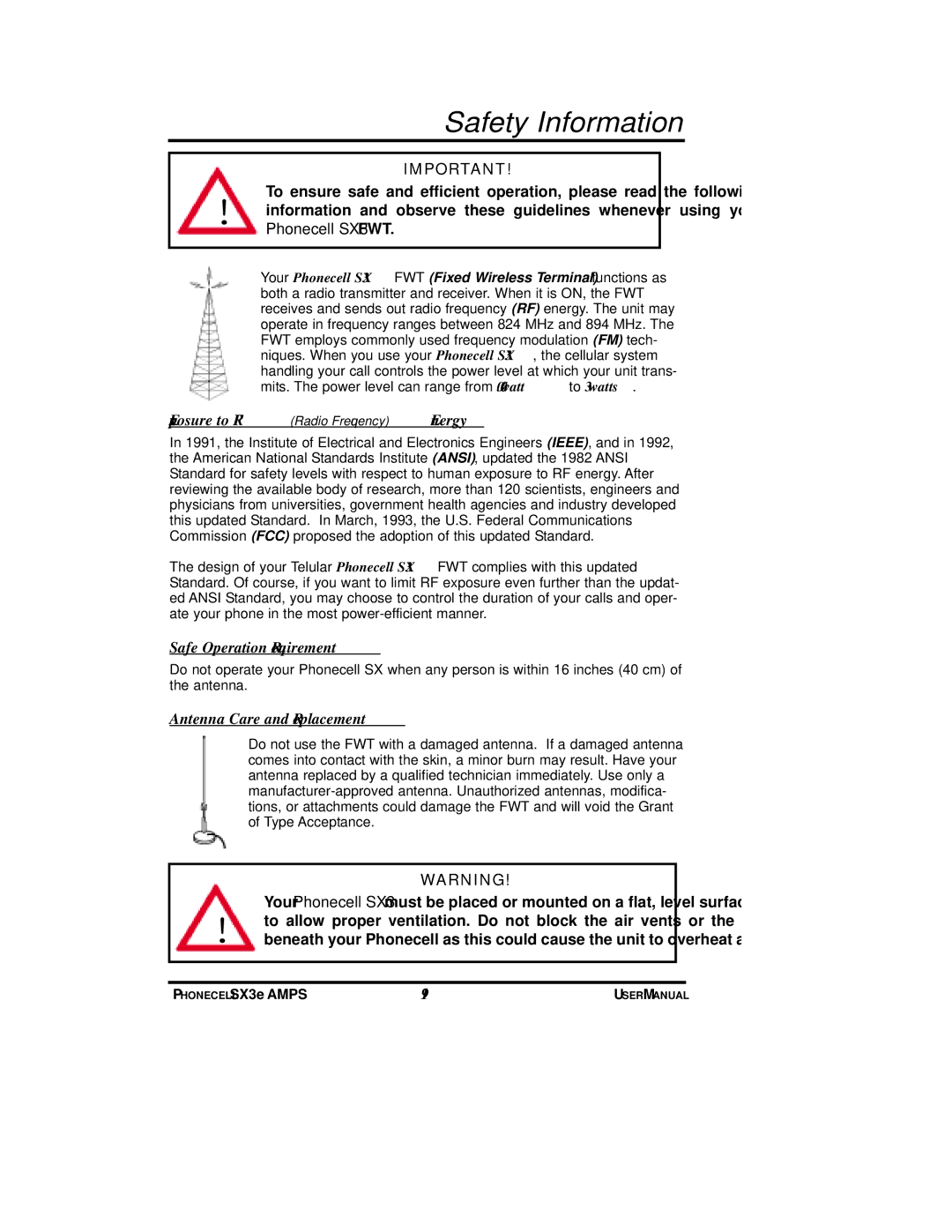 Telular SX3e user manual Safety Information, Exposure to RF Radio Frequency Energy, Safe Operation Requirement 