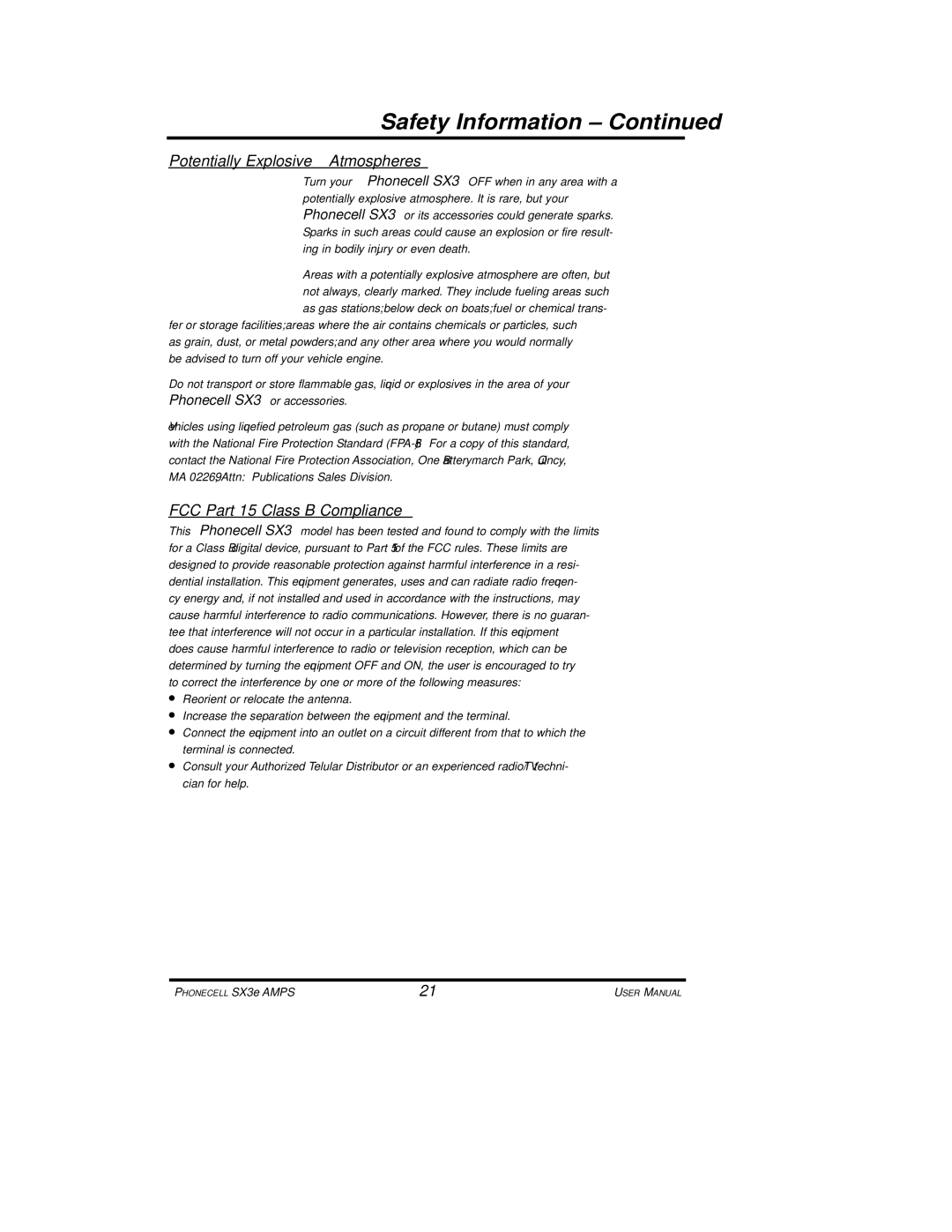 Telular SX3e user manual Potentially Explosive Atmospheres, FCC Part 15 Class B Compliance 