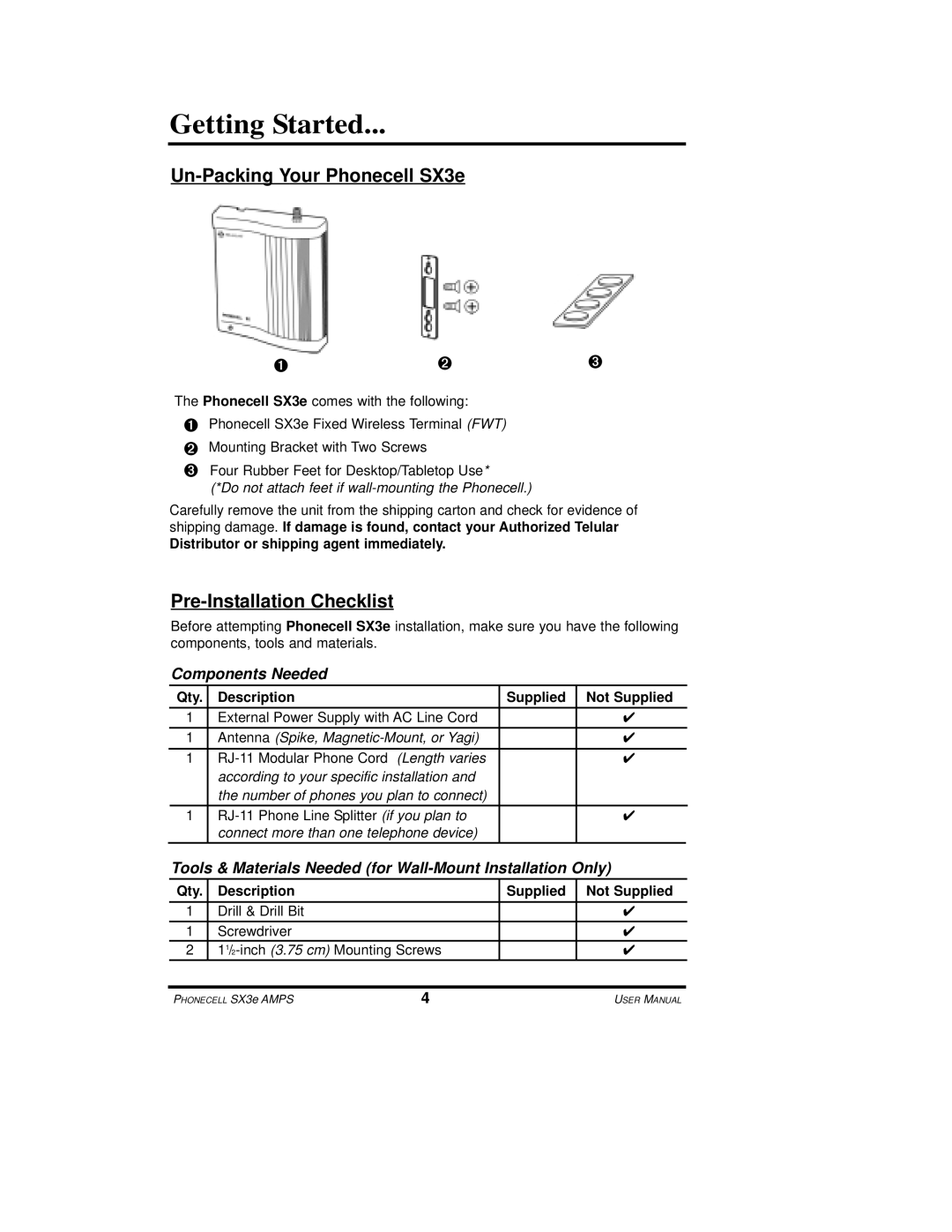 Telular user manual Getting Started, Un-Packing Your Phonecell SX3e, Pre-Installation Checklist, Components Needed 